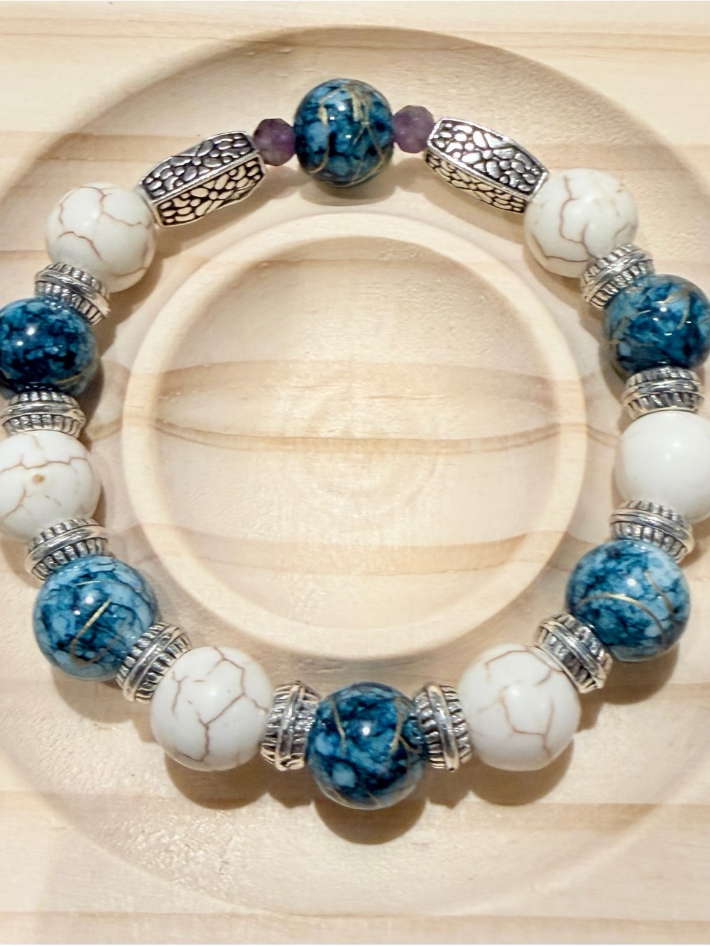 Turquoise Blue & White Beaded Stretch Bracelet with Silver-Tone Accents